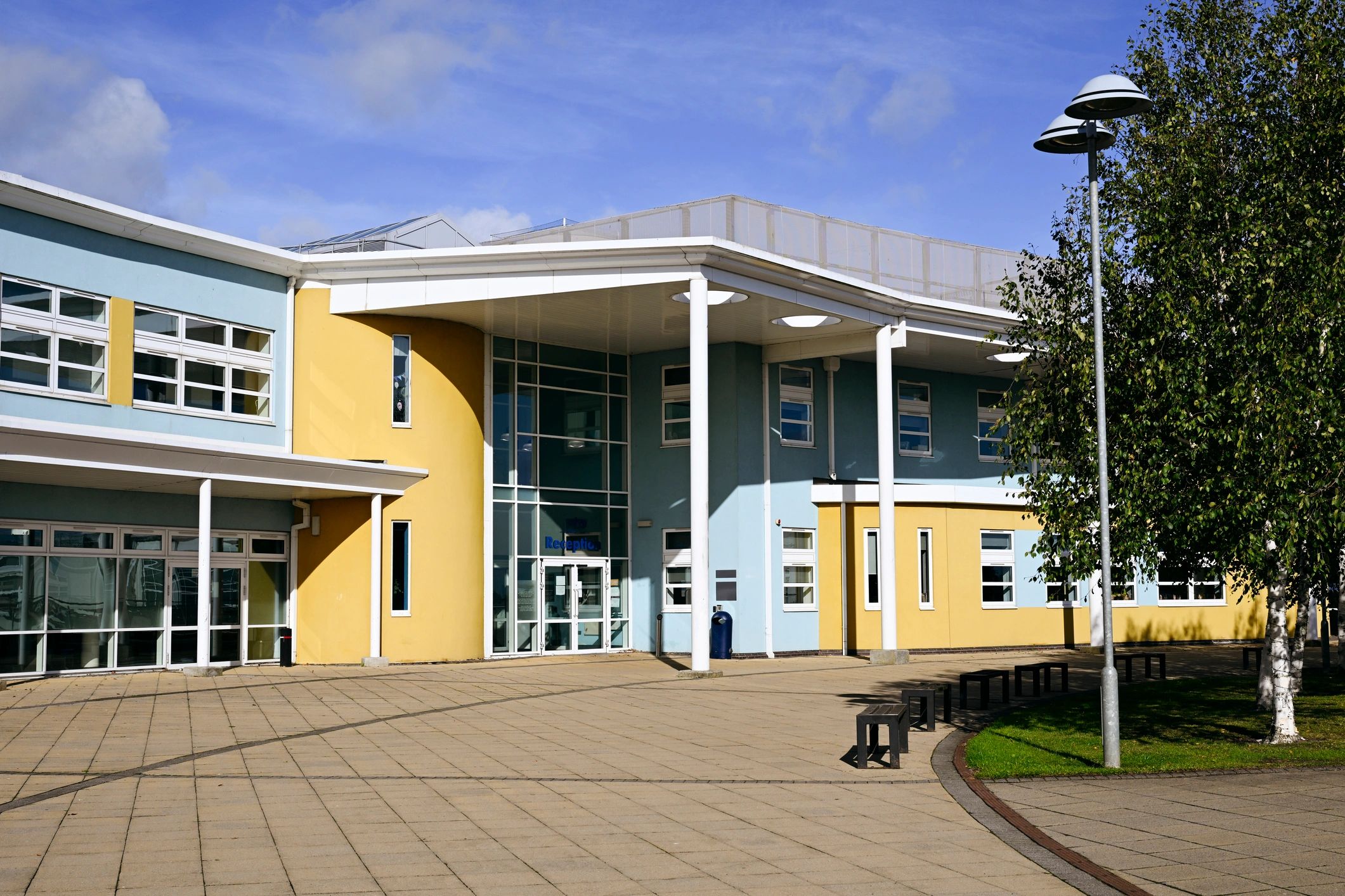Building exterior with large printed graphic elements